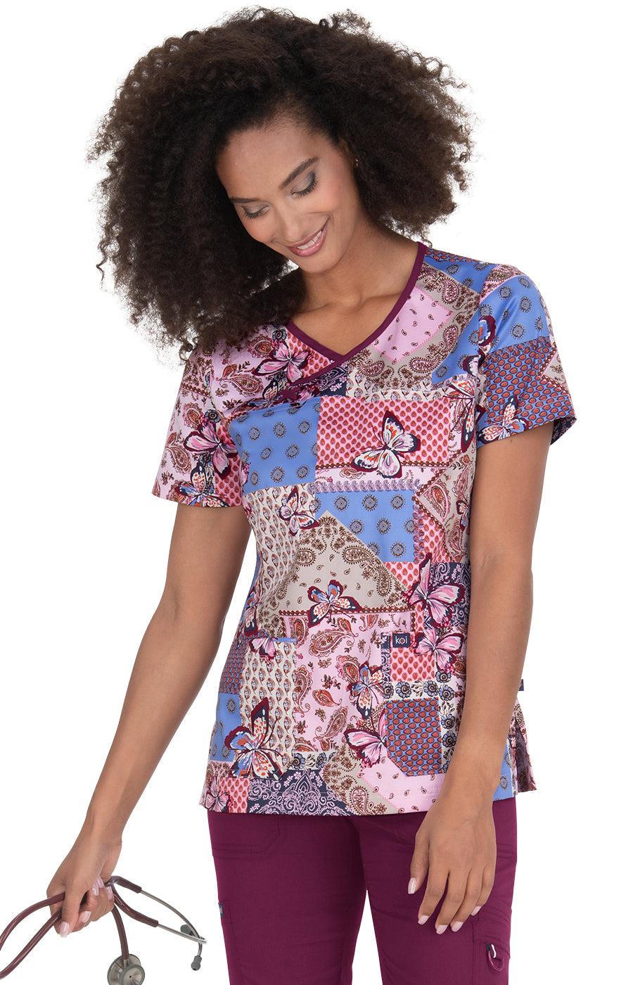 1090PR-MBN Koi Stretch Hali Print Scrub Top