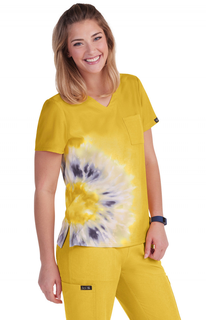 1114PLM-TDMS  Koi Lani Print Scrub Top - Heather Mango Splash