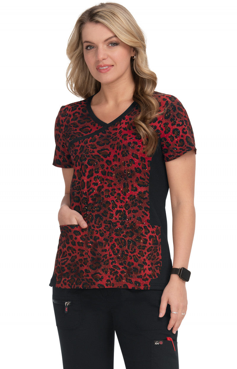 385PR-HCF Koi Raquel Print Scrub Top - Cheetah Foil