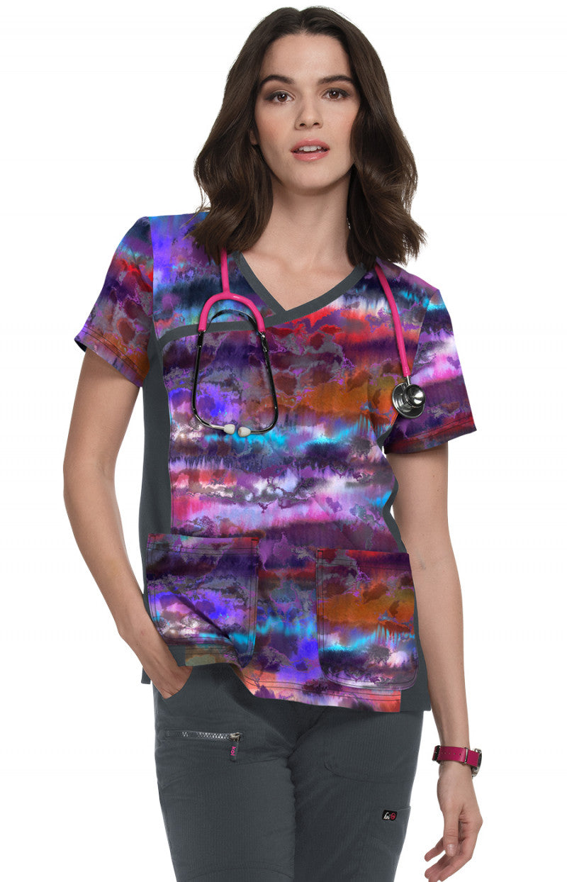 385PR-SHZ Koi Raquel Print Scrub Top - Smokey Hayze