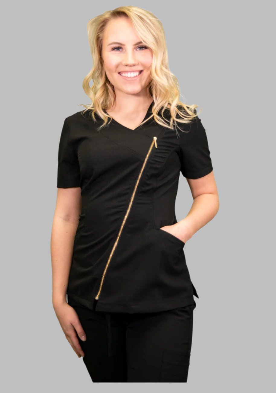 E575T Excel 4-Way Stretch Gold Zipper Scrubs Spa Top  (XXS - 2XL)