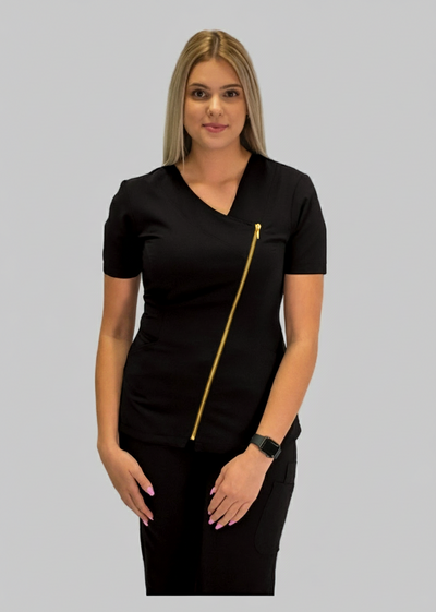 Woman wearing a black outfit with a gold zipper on a gray background