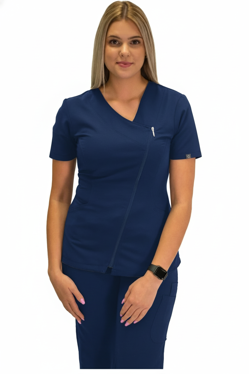 E575T Excel 4-Way Stretch Asymmetrical Zipper Scrubs Spa Top  (XXS - 2XL)
