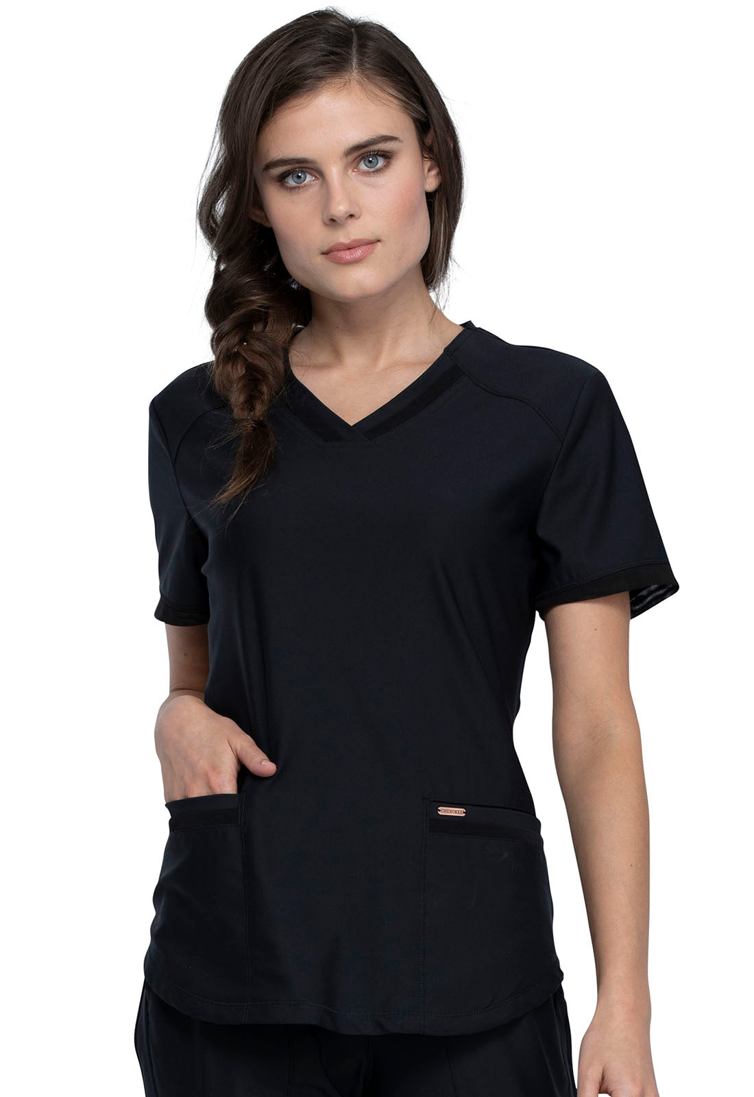 CK840 Cherokee Form 360º Stretch Curved Hemline V-Neck Top (XXS - 3XL)