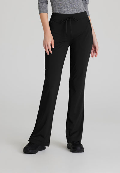 SKP656 Skechers Slip-Ins scrub pant in black. flattering style. Flare pant. stretchable fabric. figs medical scrubs. close up image