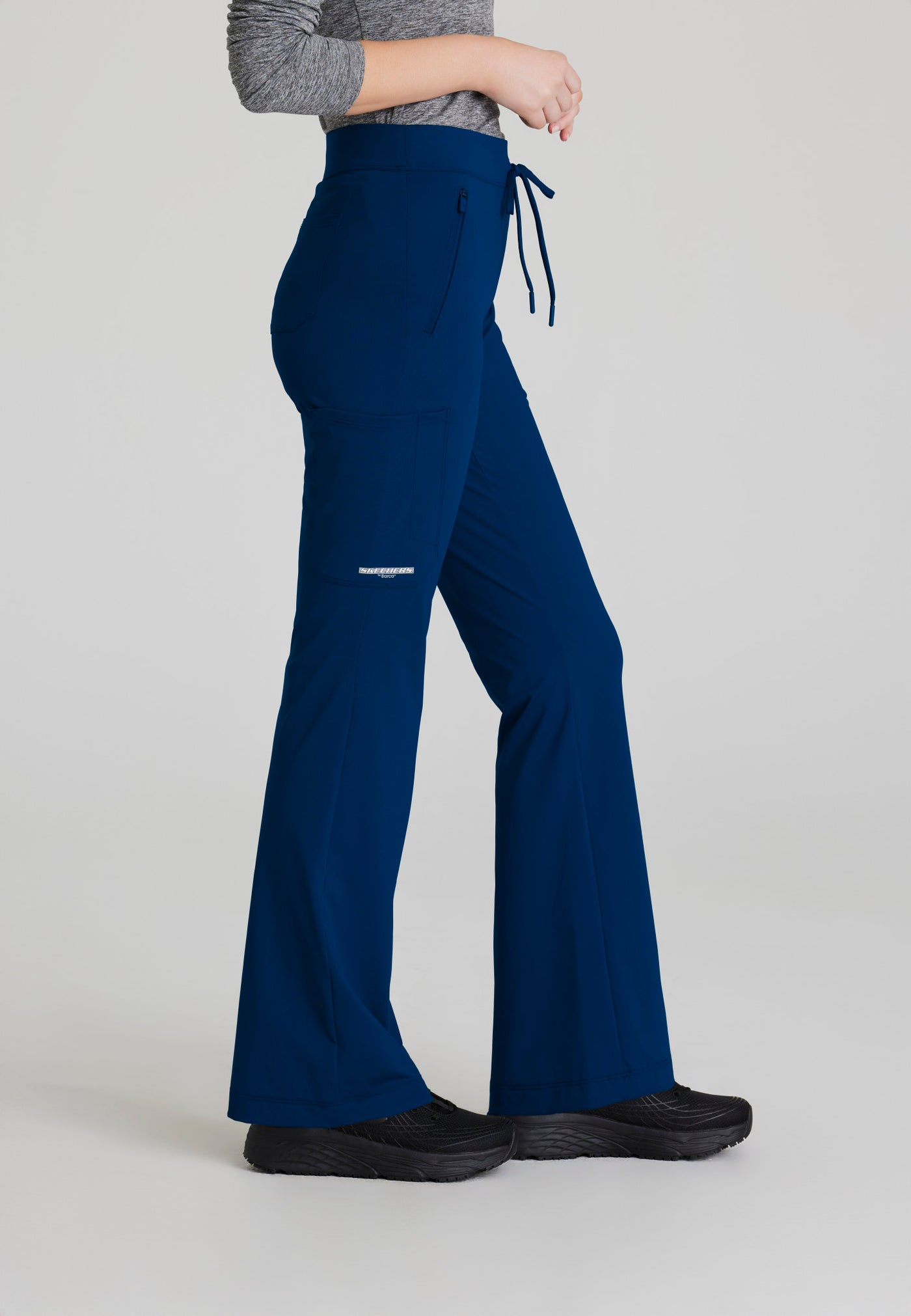 SKP656 Skechers Slip-Ins scrub pant in navy. flattering style. Flare pant. stretchable fabric. figs medical scrubs. side image