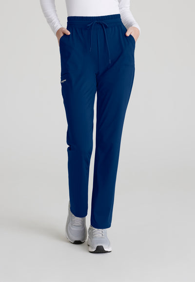 SKP668 Skechers Slip-Ins scrub pant in navy. slim leg. stretchable fabric. best female scrubs. close up image