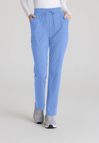 SKP668 Skechers Slip-Ins scrub pant in ceil. slim leg. stretchable fabric. close up image