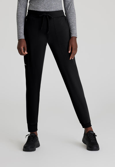 SKP669 Skechers Slip-Ins scrub pant in black. jogger style. stretchable fabric. five pockets.  close up image