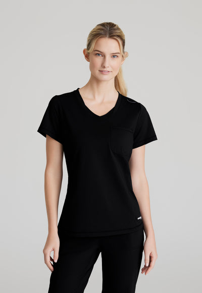 SKT221 Skechers Slip-Ins scrub top in black. tuckable. one top pocket. women's scrub uniforms. stretchable fabric. front image