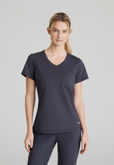 SKT221 Skechers Slip-Ins scrub top in pewter. tuckable. one top pocket. women's. stretchable fabric. front image