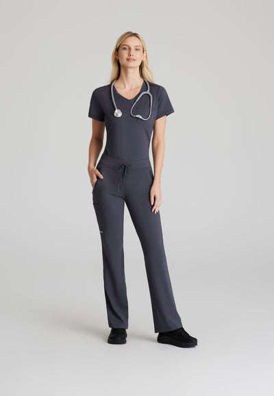 SKT221 Skechers Slip-Ins scrub top in pewter. tuckable. one top pocket. women's. stretchable fabric. full body image