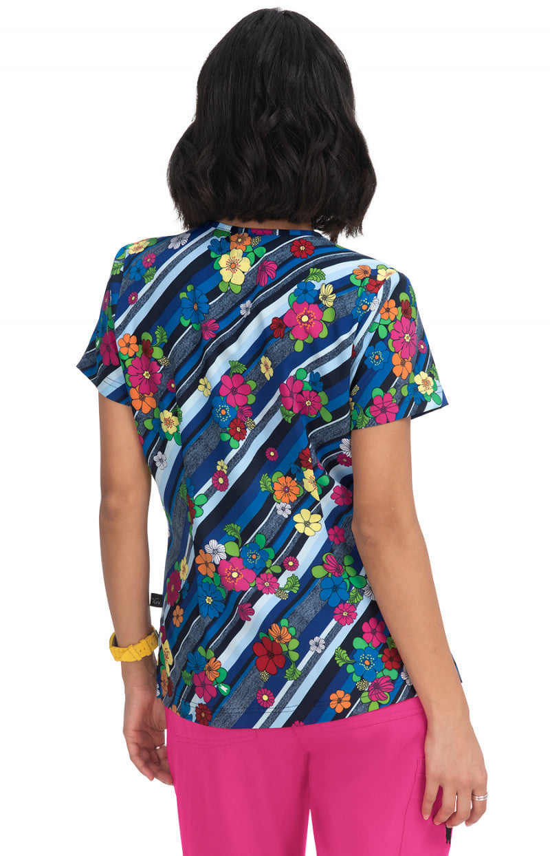 F100PR-CLY Koi Lulu Print Scrub Top - Denim Butterfly