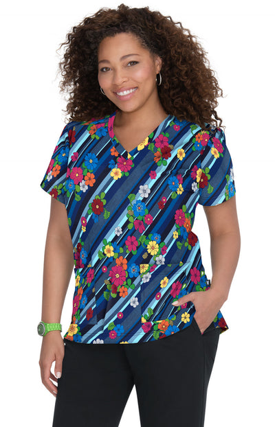 F100PR-CLY Koi Lulu Print Scrub Top - Denim Butterfly