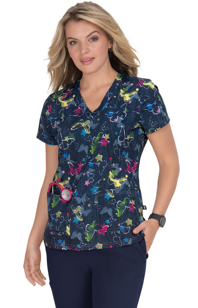 F100PR-DMB Koi Lulu Print Scrub Top - Denim Butterfly