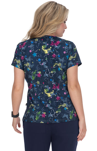 F100PR-DMB Koi Lulu Print Scrub Top - Denim Butterfly